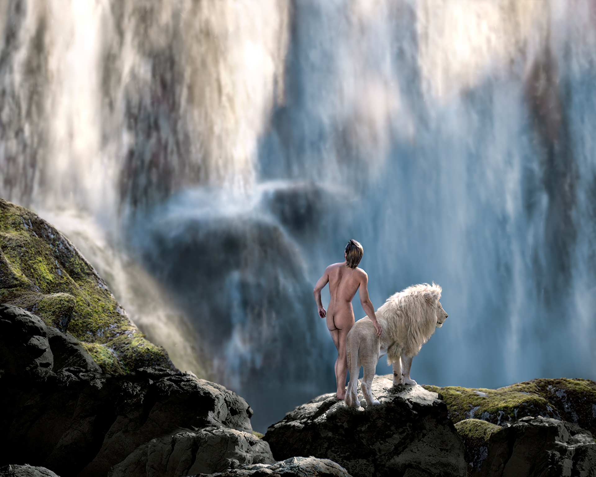 nude man with lion at a waterfall
